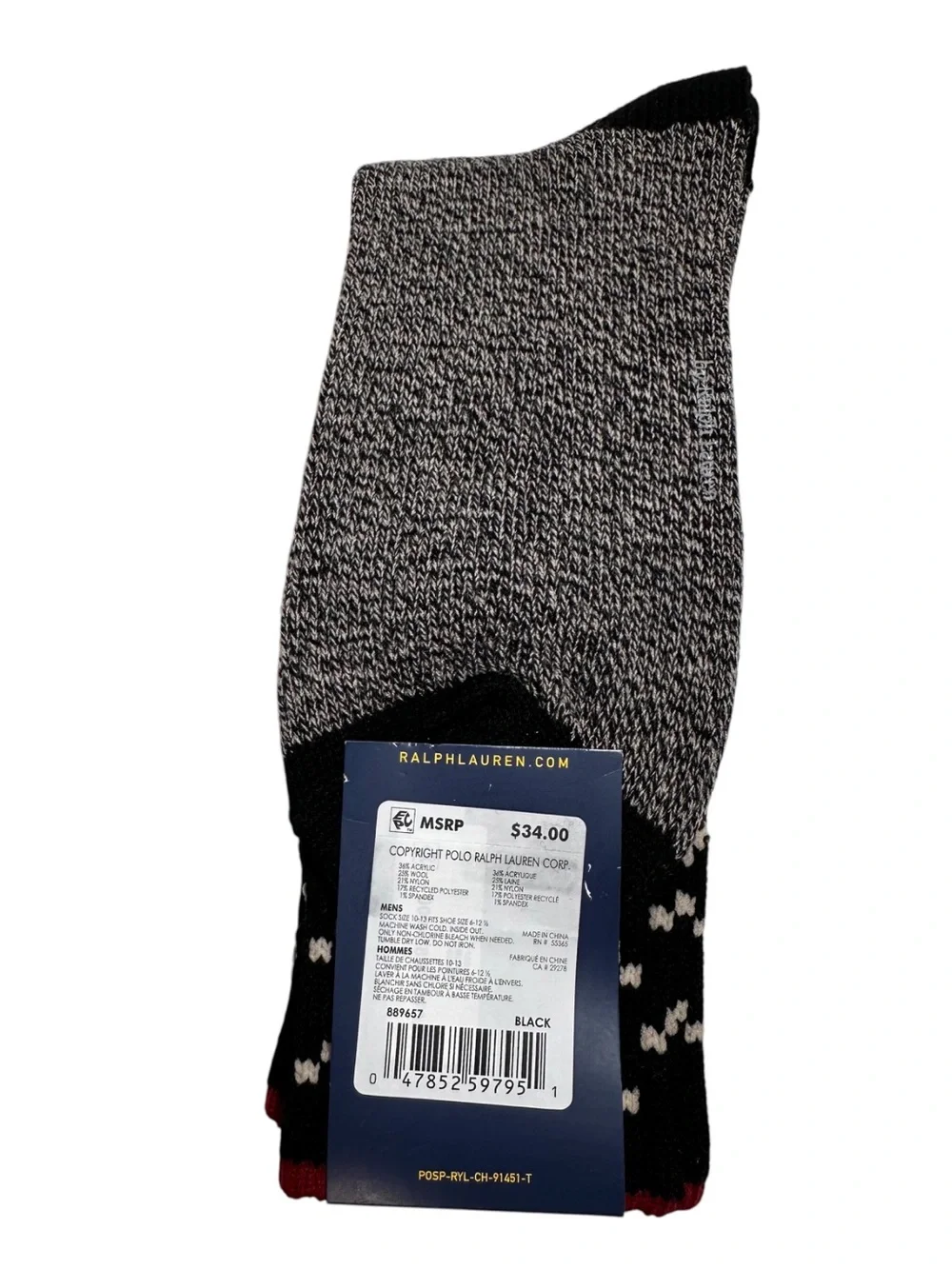 RALPH LAUREN BLACK, RED & CREAM FAIR ISLE CREW SOCK.NWT.MSRP $34.00